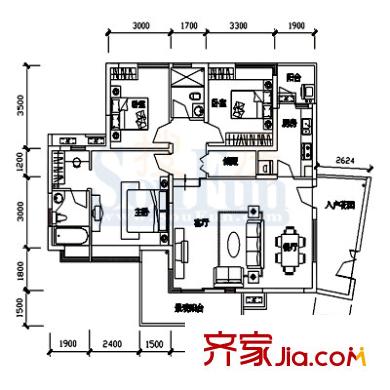 金科天湖美鎮(zhèn)戶型圖摩登時代B-3（曲） 3室2廳2衛(wèi)1廚