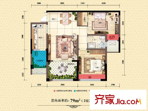 中渝梧桐郡梧桐公館戶型圖一期C2號樓標準層套內(nèi)79平米戶型 2室2廳1衛(wèi)1廚