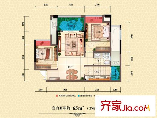 中渝梧桐郡梧桐公館戶型圖一期C2號樓標準層套內(nèi)65平米戶型 2室2廳1衛(wèi)1廚
