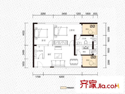 珠江國(guó)際戶型圖三期B5棟標(biāo)準(zhǔn)層D戶型 2室1廳2衛(wèi)1廚