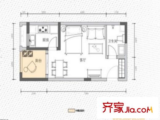 珠江國際戶型圖三期B5棟1/11號房標(biāo)準(zhǔn)層戶型 1室1廳1衛(wèi)1廚