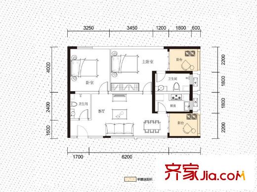 珠江國際戶型圖三期B5棟標(biāo)準(zhǔn)層D戶型 2室1廳2衛(wèi)1廚