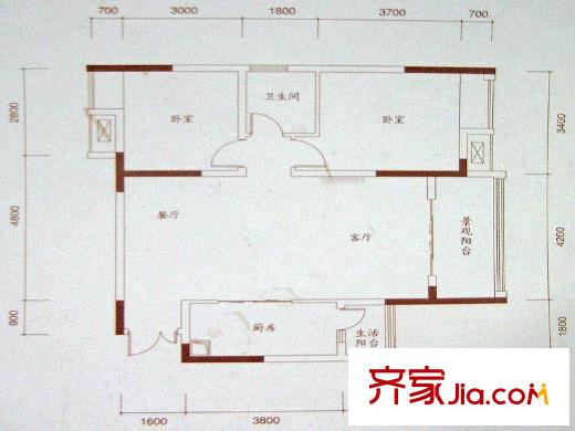 珠江國際戶型圖一期B9棟標(biāo)準(zhǔn)層2號房 2室2廳1衛(wèi)1廚