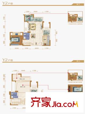 保利觀瀾一期A1、A2、A3棟躍層Y2戶型 2室2廳2衛(wèi)1廚