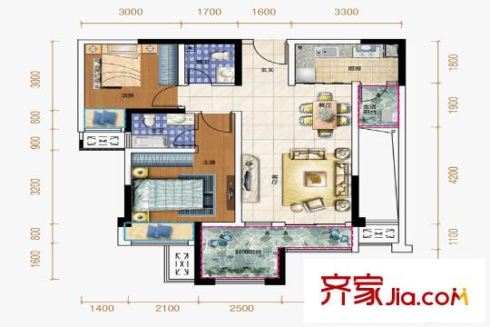 保利觀瀾一期A3棟標(biāo)準(zhǔn)層J1戶型 2室2廳2衛(wèi)1廚