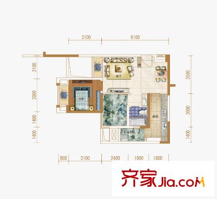 保利觀瀾一期A2棟標(biāo)準(zhǔn)層 D1戶型 1室2廳1衛(wèi)1廚