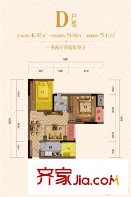 康橋融府一期5/6/7號樓標準層D戶型 1室1廳1衛(wèi)1廚