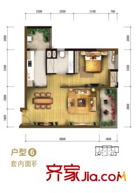 重慶天地雍江悅庭戶型圖一期T4號樓標準6號房 1室2廳1衛(wèi)1廚