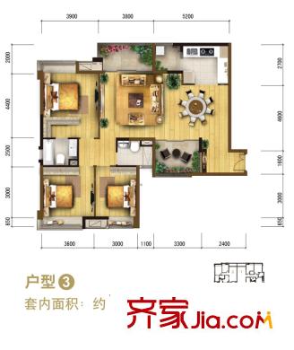 重慶天地雍江悅庭戶型圖一期T5號樓標準3號房 3室2廳2衛(wèi)1廚