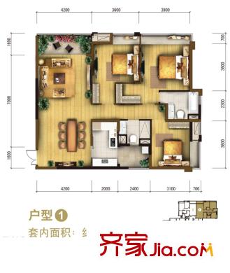 重慶天地雍江悅庭戶型圖一期T5號樓標準1號房 3室2廳2衛(wèi)1廚