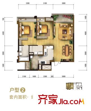 重慶天地雍江悅庭戶型圖一期T5號樓標準2號房 2室2廳2衛(wèi)1廚