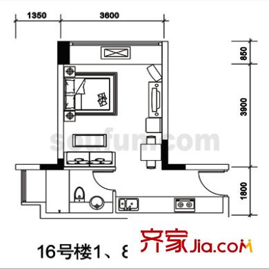 長(zhǎng)安麗都戶(hù)型圖16號(hào)樓1、8號(hào)房 1室1衛(wèi)1廚