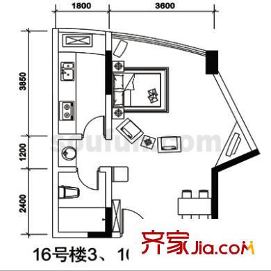 長(zhǎng)安麗都戶(hù)型圖16號(hào)樓3、10號(hào)房 1室2廳1衛(wèi)1廚