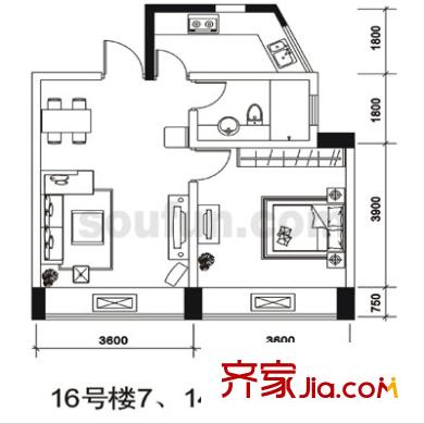 長安麗都戶型圖16號樓7、14號房 1室2廳1衛(wèi)1廚