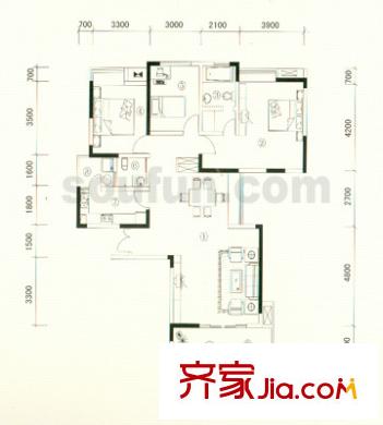 春風(fēng)城市心筑戶型圖E1 3室2廳2衛(wèi)1廚