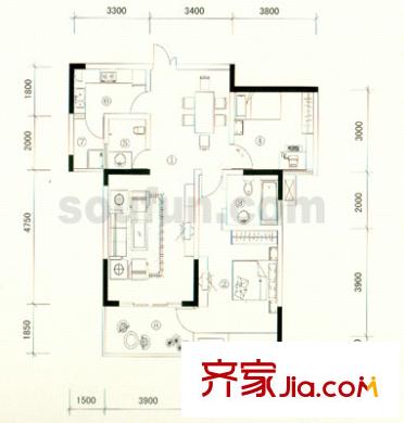 春風(fēng)城市心筑戶型圖F 2室2廳2衛(wèi)1廚