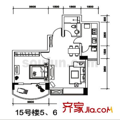 長(zhǎng)安麗都戶(hù)型圖15號(hào)樓5、6號(hào)房 1室2廳1衛(wèi)1廚