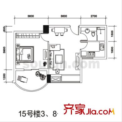長(zhǎng)安麗都戶(hù)型圖15號(hào)樓3、8號(hào)房 1室2廳1衛(wèi)1廚