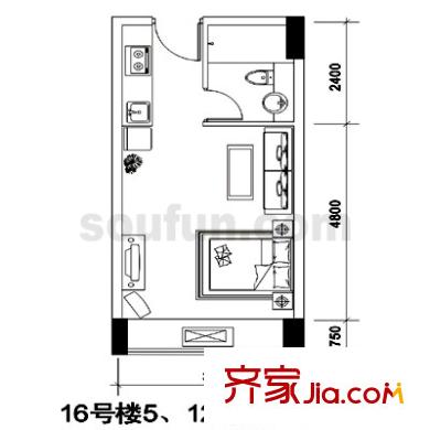 長安麗都戶型圖16號樓5、12號房 1室1衛(wèi)1廚