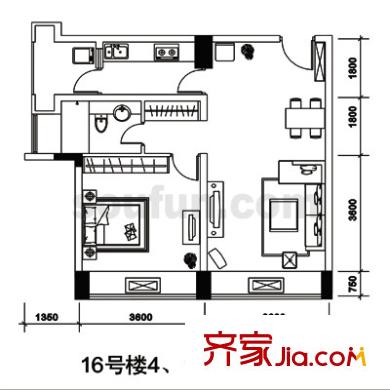 長安麗都戶型圖16號樓4、11號房 1室2廳1衛(wèi)1廚