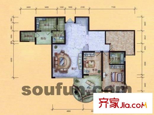 金科金砂水岸戶型圖A-3 3室3廳2衛(wèi)1廚