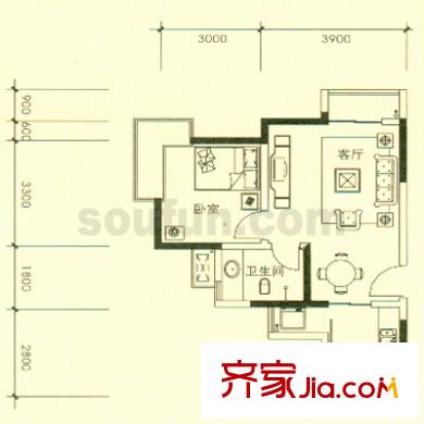 地博春天戶型圖4號樓6號戶型 1室2廳1衛(wèi)1廚