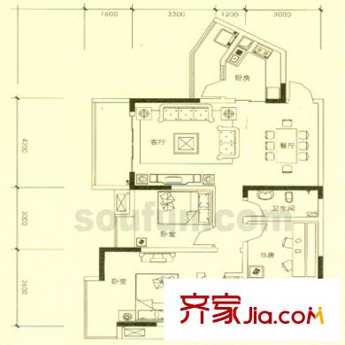 地博春天戶型圖1號樓1、2單元2號 3室2廳2衛(wèi)1廚