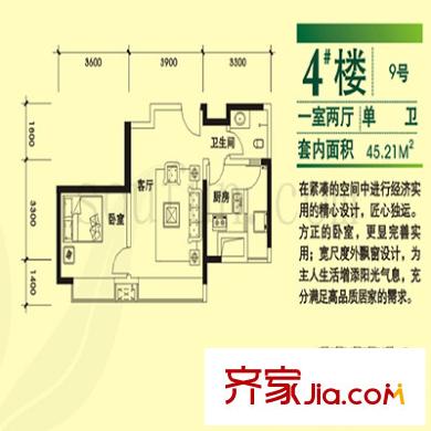 地博春天戶型圖4號樓9號 1室2廳1衛(wèi)1廚