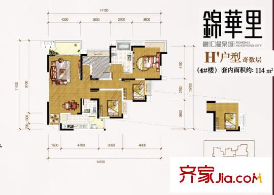融匯溫泉城錦華里西區(qū)戶型圖一期4號(hào)樓奇數(shù)層H戶型 3室2廳2衛(wèi)1廚