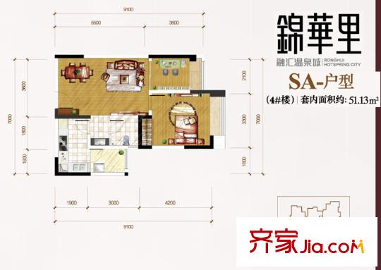 融匯溫泉城錦華里西區(qū)戶型圖一期4號(hào)樓標(biāo)準(zhǔn)層SA戶型 1室2廳1衛(wèi)1廚