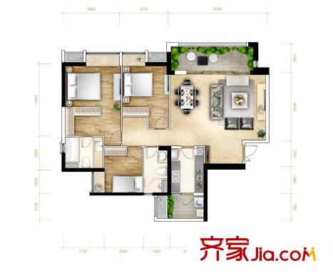 重慶天地雍江翠平方米戶型圖一期4-7號(hào)樓04-31F標(biāo)準(zhǔn)層2戶型 3室2廳2衛(wèi)1廚