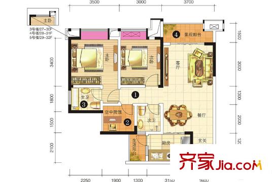 申佳上海時光一期3號樓標準層C戶型 2室2廳1衛(wèi)1廚