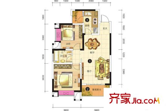 申佳上海時光一期3號樓標準層A戶型 2室2廳1衛(wèi)1廚