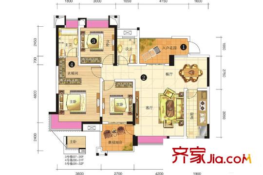 申佳上海時光一期3號樓標準層B戶型 2室2廳1衛(wèi)1廚