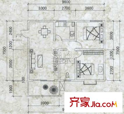 空港圣地戶型圖典藏戶型 2室2廳1衛(wèi)1廚