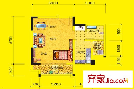 中振湖霞郡一期高層5號(hào)樓標(biāo)準(zhǔn)層J戶型 1室2廳1衛(wèi)1廚