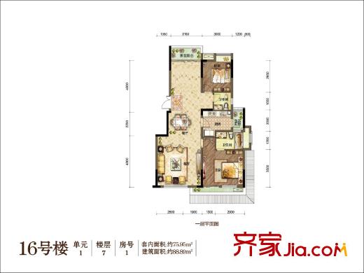 華宇上院一期洋墅16號樓1單元7層1號房 2室2廳2衛(wèi)1廚