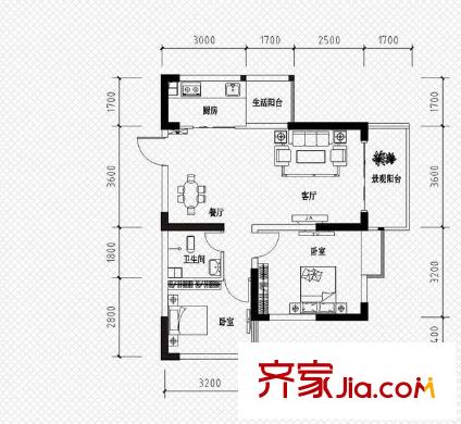 恒鑫名城二期戶型圖4棟A10戶型 2室2廳1衛(wèi)1廚