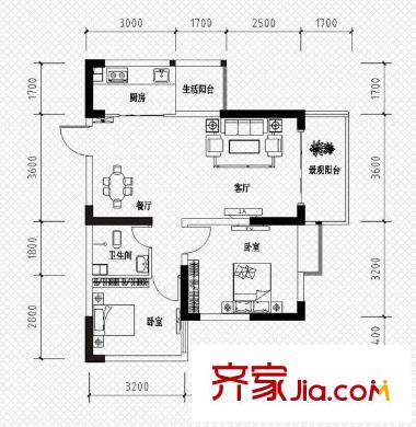 恒鑫名城二期戶型圖4棟A1戶型 2室2廳1衛(wèi)1廚