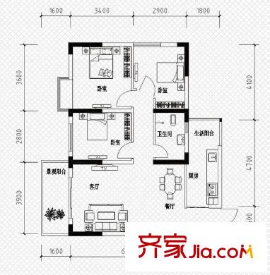 恒鑫名城二期戶型圖1棟A3戶型 3室2廳1衛(wèi)1廚