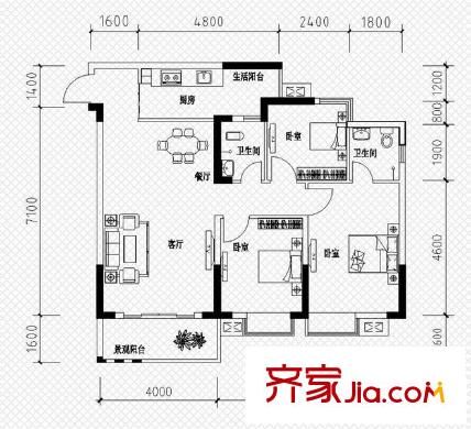 恒鑫名城二期戶型圖1棟A6戶型 3室2廳2衛(wèi)1廚