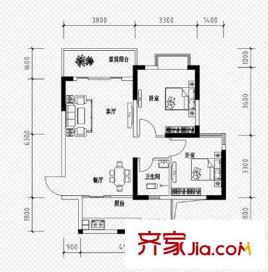 恒鑫名城二期戶型圖1棟A4戶型 2室2廳1衛(wèi)1廚