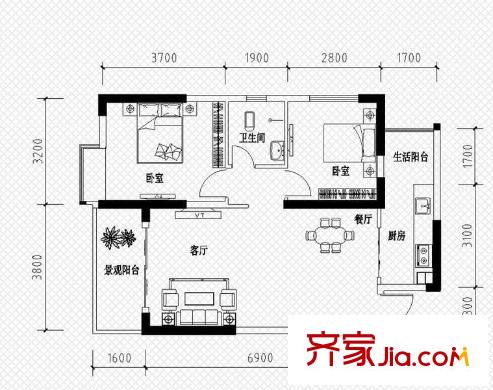 恒鑫名城二期戶型圖4棟A3戶型 2室2廳1衛(wèi)1廚