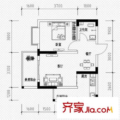 恒鑫名城二期戶型圖1棟A2戶型 1室2廳1衛(wèi)1廚