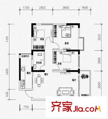 恒鑫名城二期戶型圖1棟A5戶型 3室2廳1衛(wèi)1廚