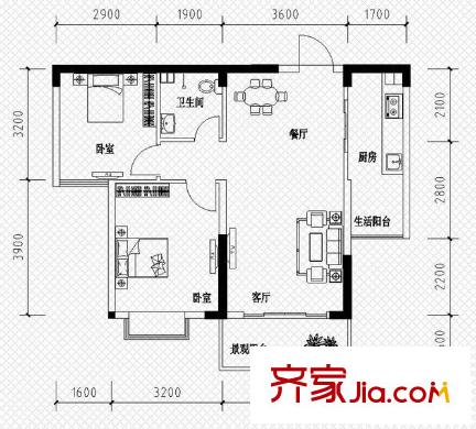 恒鑫名城二期戶型圖1棟A7戶型 2室2廳1衛(wèi)1廚