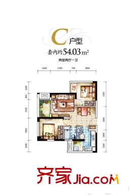 融匯溫泉城童話里一期D區(qū)3號樓C戶型 2室2廳1衛(wèi)1廚