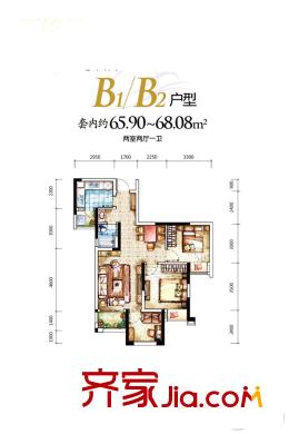 融匯溫泉城童話里一期D區(qū)4號(hào)樓B1戶型 2室2廳1衛(wèi)1廚