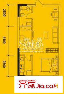 煌華新紀(jì)元戶型圖1號樓9#單間配套 1室1衛(wèi)1廚
