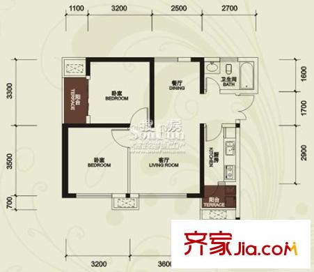 金陽牛津街小區(qū)戶型圖1-3棟-01 2室2廳1衛(wèi)1廚